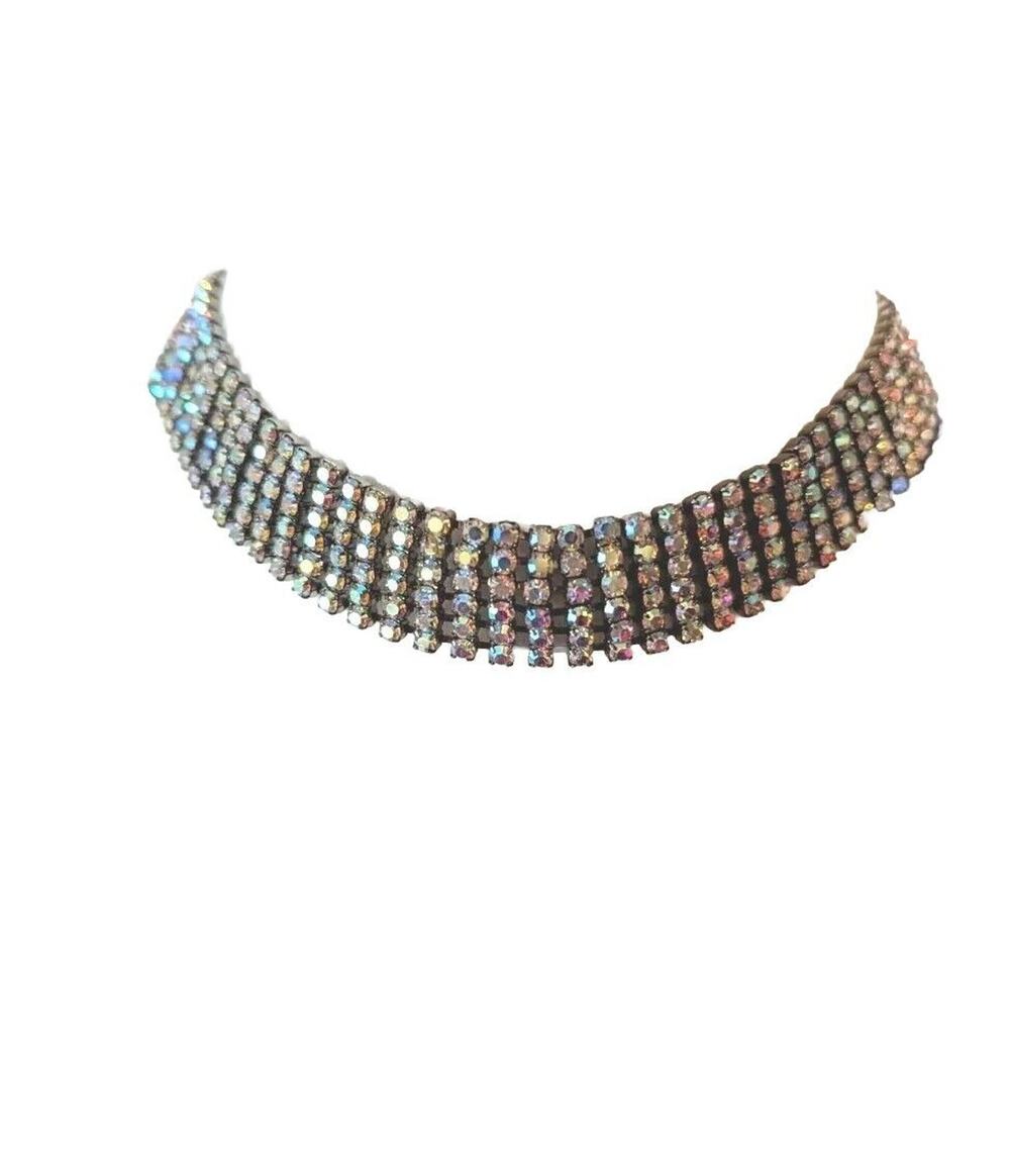 Vtge Aurora Crystal Choker 6 rows Flashed All Kinds Of Color.Kneck Size 15"